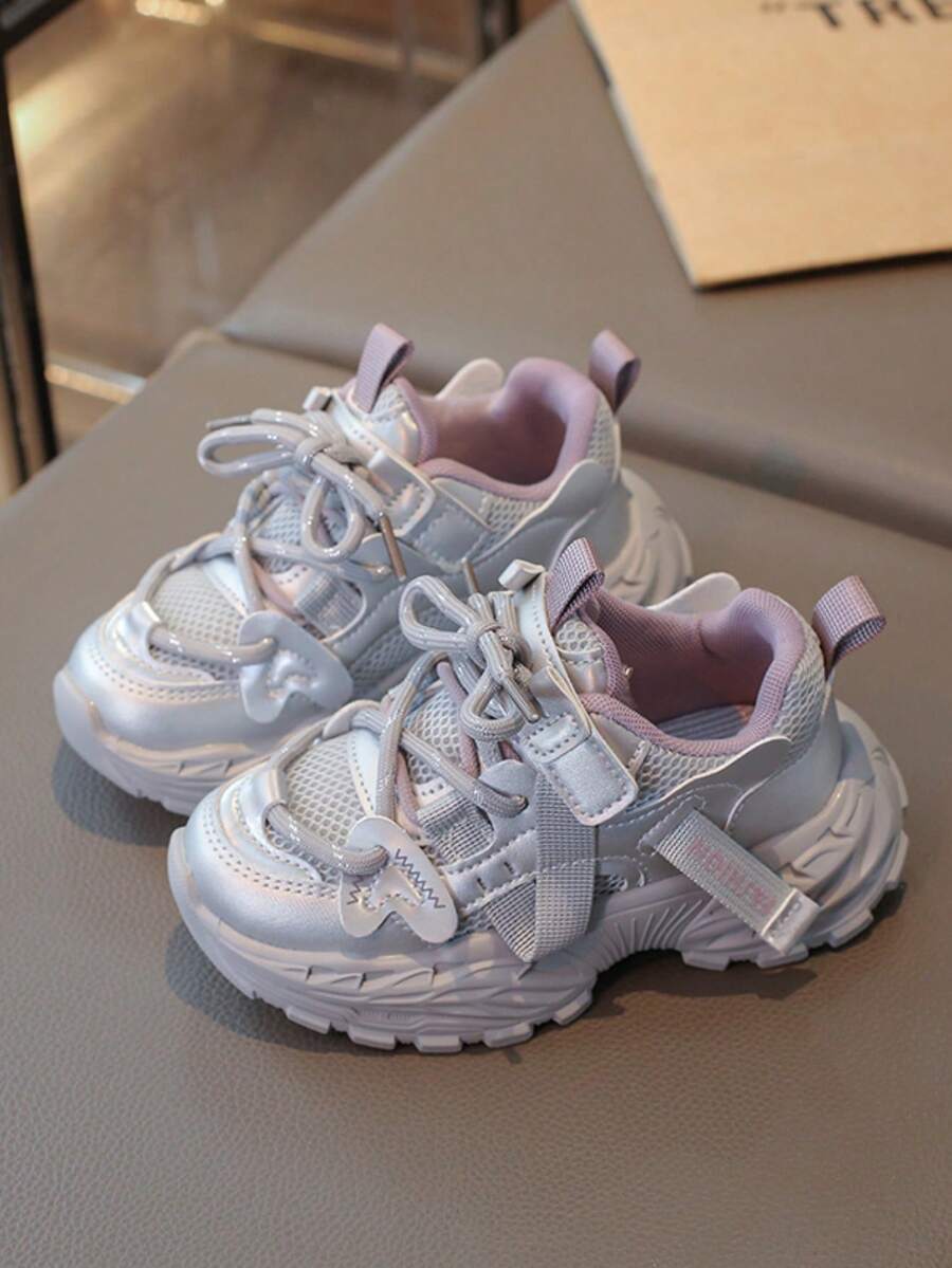 1 Pair Girls' Purple & Grey Chunky Sneakers, Multi-Material Patchwork + Wrapped Laces, Combining Fashion And Playfulness, Stylish And Versatile - Mauve Purple - View 1