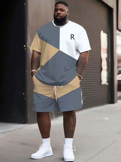 Chándal de hombre de estilo casual urbano de la serie "Bloqueo de color de arco y diseño con icono R" - Tela de punto de poliéster, diseño de cuello redondo, pantalones cortos con cordón, detalles de bolsillo, ajuste regular, adecuado para tallas grandes