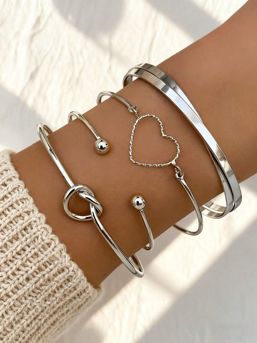 Set de 4 pulseras con nudo de corazón hueco, estilo INS, set de pulseras geométricas con corazón cruzado para mujeres - Plateado - Ver 1