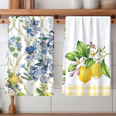 2/4 Pcs Set, Dish Towels, Vintage Lemon Pattern Print, Super Absorbent Microfiber Modern Towels, Cooking And Baking Tea Towels, Dish Cloths, Cleaning Towels, Hand Towels, Super Soft And Highly Absorbent, Kitchen Decor, Gift For Neighbors, Gifts For Mom, Birthday Gifts, Housewarming Gifts For Friends, Kitchen Accessories, Daily Necessities, Household Items