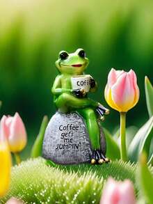 Frog Prince Drinking Coffee Statue, Resin 3D Frog Statue, Sitting On Stone, Outdoor Garden, Courtyard, Kindergarten Lawn Decoration, American Home And Indoor/Outdoor Decoration Sculpture, Gift For Good Friends - Multicolor - View 2