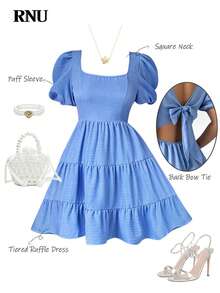 RNU Women's Romantic Elegant Music Concert Dress, Bohemian Style Backless Bowknot Flounce Hem Mini Dress, Suitable For Beach, Party, Wedding Guest, Valentine's Day, New Year, Travel - Blue - View 1