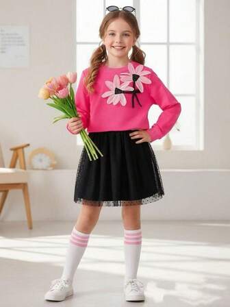 Tween Girls Vår/Höst 3D Lotus Stickad Rundringad Långärmad Topp + Flerskiktad Tyllkjol Prinsessklänning 2 Delar Söt Dam Outfit