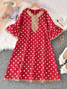 Vihyde 1件少女金色波点花卉饰边喇叭袖连衣裙，假日版