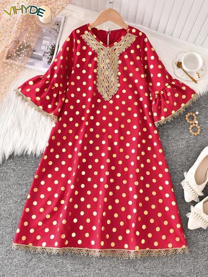 Vihyde 1 st. guldfärgad klänning med prickar och blommönster, utsvängda ärmar, för tween-flickor, julutgåva