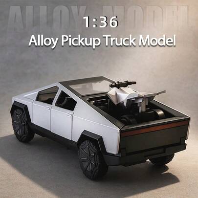 1:36 特斯拉合金车模摆件。三门设计，功能丰富——这款合金模型包含一辆可拆卸的迷你摩托车，可以单独玩耍，为您的收藏增添更多乐趣。——是馈赠亲友或摆放在桌面上的理想之选。