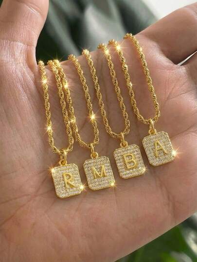 1pc Fashion Versatile Gracious Luxury Stainless Steel Twisted Rope Chain Full Rhinestone Square-Shaped Initial Letter Golden Necklace For Boys Girls Personalized Alphabet Necklace Idea Gift For Family Friends Classmates Girlfriend Kids Street Party Banquet Christmas Birthday Anniversary Valentine's Day Mother's Day Back To School For Daily Casual