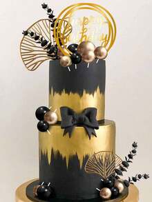 27件套波西米亚风蛋糕装饰，金色黑色球体，棕榈叶折扇造型，适用于婚礼、生日等场合，金色黑色波西米亚主题派对用品，男士生日蛋糕装饰（请勿让装饰物直接接触蛋糕（包括球体表面）。请配合白色管子使用。） - 多色 - 查看 5