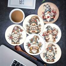 6pcs Home Decor Coaster Set, Printed With Dwarf Holding Heart Design, Absorbent Silica Gel Coasters For Tea Cup, Water Glass, Wine Glass, Coffee Cup, Placemats, Suitable For Home Decor, Party, Tableware Gifts, All Seasons - Multicolor - View 14