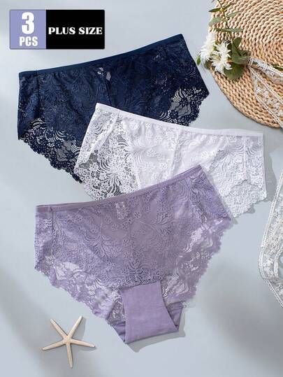3pcs Plus Size Women Floral Lace Comfortable Underwear