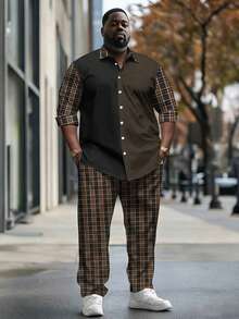 Plus-Size Men's Shirt Set, Color-Blocked Shirt And Plaid Trousers, Two-Piece Set, Men's Clothing, Casual Wear, Spring Set.Business Tweed Suit - Nhiều màu - Xem 3
