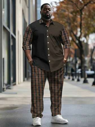 2 piezas Conjunto informal de talla grande para hombres - Blazer de talla grande para hombres con estampado a contraste de cuadros y estampado quemado, ropa de talla grande para hombres lavable a máquina y versátil