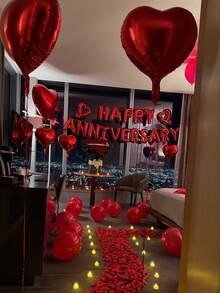 Happy Anniversary Decoration Set, Happy Anniversary Banner, ILOVEYOU Foil Banner Balloon, Red Heart Foil, Red Latex, Heart Shaped Foil Balloon, Bow Balloon, Suitable For Valentine's Day, Anniversary, Engagement, Proposal, Wedding, Romantic Home Decor - Multicolor - View 5
