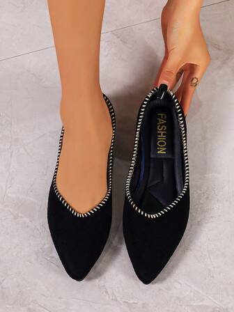 Dammode Spetsig Tå Svarta Slip-On Bekväma Låga Vamp Balettskor, Lämpliga För Vår Och Höst, Plusstorlekar