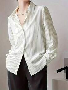 Camisa casual a rayas con cuello vuelto para mujer talla grande, adecuada para ir al trabajo, primavera/verano - Color albaricoque claro - Ver 3