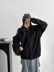 Women's Oversized Drop Shoulder Sweatshirt With Embroidered Bear Design And Warm Lining Casual - Jet Black - View 7