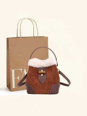 秋冬新款可爱甜美毛绒迷你水桶包，时尚麂皮绒流苏斜挎包，复古撞色毛绒手提包，适合日常穿搭、约会、送礼、购物、手机收纳