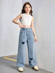 Girls' Light Blue Wide Leg Jeans With Heart Patch, Suitable For 8-15Y, Children Denim Pants, Tween Girl Washed Blue Heart Casual Loose Wide Leg Jeans, Loose Jeans, Girls Fashion Heart Patch Wide Leg Jeans, Elastic Waist, Non-Stretch, Loose & Comfortable Jeans, Streetwear Style For Tween Girls