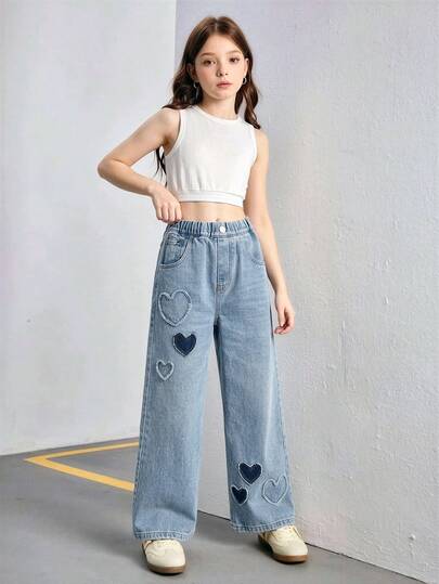 女童浅蓝色爱心贴布阔腿牛仔裤，适合8-15岁儿童，儿童牛仔裤，水洗蓝色爱心休闲宽松阔腿牛仔裤，宽松牛仔裤，女童时尚爱心贴布阔腿牛仔裤，松紧腰，无弹力，宽松舒适，适合青少年女孩的街头风格