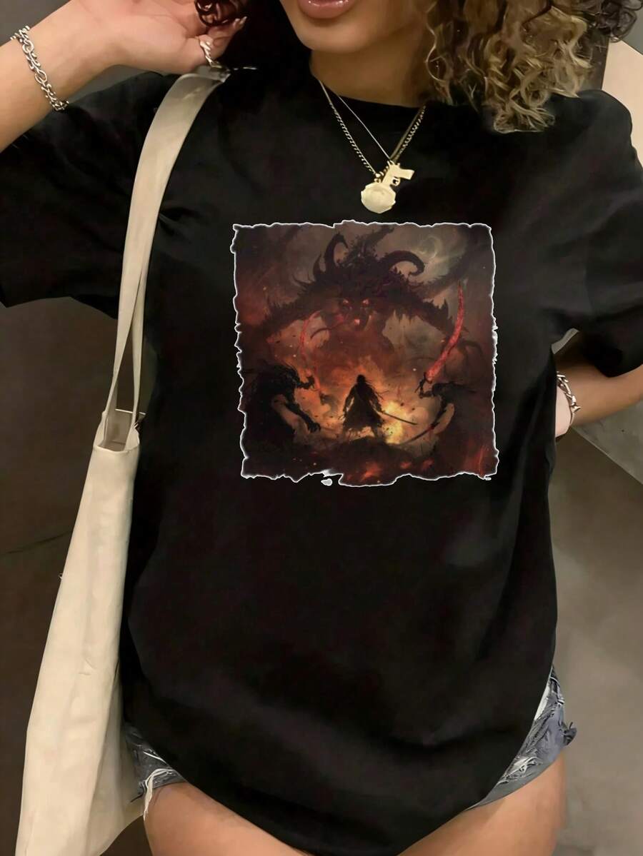 Round Neck Fun Print Fantasy Dragon Warrior T Shirt Black Graphic Tee With Mythical Art Design For Women And Men Unisex Suitable For Holiday Gifts - 黑色 - 查看 1