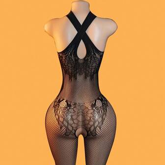 1pc Sexy Bodysuits, Halter Neck Crotchless Mesh Bodysuit, Lace Semi-Sheer Floral Pattern Skinny Pants, Suitable For Nightclub, Nightlife, Dating, Performance, Honeymoon - Sexy Stockings And Tight Pants Lingerie