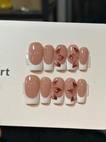 10 pièces d'autocollants pour ongles réutilisables faits à la main - Carrés moyens French Stiletto rose/nude naturel et blanc brillant, ongles à pression, design floral rose 3D en relief, convient aux femmes, pour le travail et les tenues décontractées, design élégant minimaliste, autocollants pour ongles, manucure professionnelle, autocollants de haute qualité, manucure French classique mignonne convenant aux femmes et aux filles pour le port quotidien et les fêtes, faux ongles longs recouvrants avec kit d'outils pour les ongles, excellent cadeau pour les fournitures pour ongles des femmes et des filles - Multicolore - Voir 4