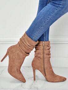 女士秋冬尖头褶皱侧拉链时尚靴，10厘米仿鹿绒面革优雅户外修身小腿靴，派对靴 - 棕色 - 查看 4