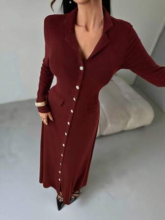 Women's Elegant Commuter Solid-Color Long Dress – Lapel, Long-Sleeve, High-Waisted, Slim-Fit, A-Line, Pearl Button Accents, Back Bow, Suitable For Commuting & Daily Leisure New Years