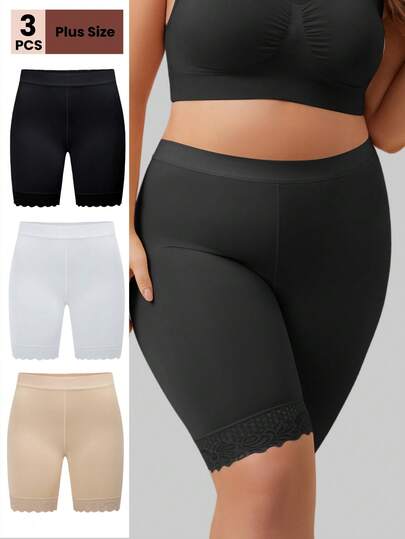 3pcs Plus Size Women High Waist Shorts, Comfortable Breathable Anti-Chafing Leggings, Elegant Minimalist Lace Trim Panties