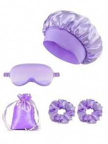 5pcs Set: Satin Sleep Eye Mask, Decorative Storage Bag, Scrunchie, Matching Sleep Cap - Multicolor - View 8