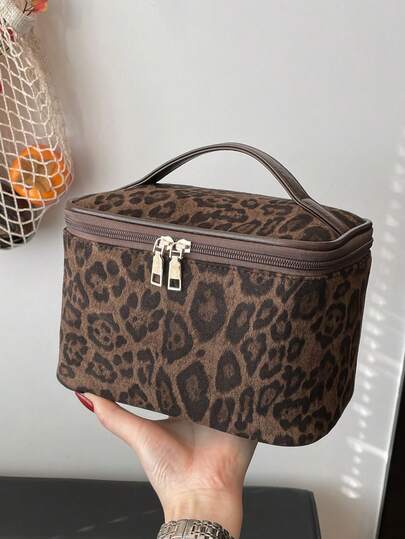 Women's Leopard Print Handheld Makeup Bag - Large Capacity Polyester Cosmetic Bag With Zipper Compartments, Fashionable And Portable, Suitable For Girls, Office Workers, Home And Travel Use. An Ideal Birthday Gift.