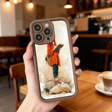 Funda para teléfono con borde negro diseño de persona con chaqueta roja y mochila caminando sobre piedras estilo vintage ideal para uso diario en cafeterías y espacios urbanos,Aplicable a los teléfonos de la serie Apple y Galaxy - Negro - Ver 4