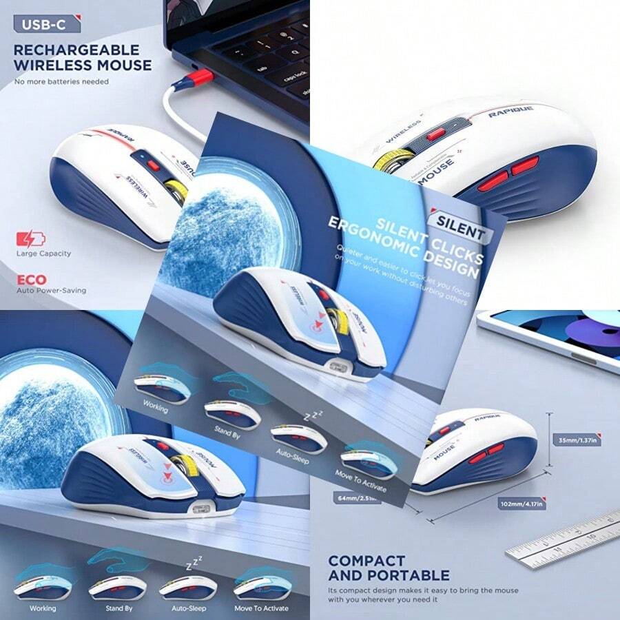 RAPIQUE Ratón Inalámbrico Bluetooth Ratón De Computadora Multidispositivo Recargable Modo Triple: Bt1/ Bt2 + 2.4Ghz Con Receptor Usb Mouse Silencioso Ergonómico Para Computadora Portátil Macbook C - Azul y blanco - Ver 1