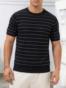 Áo thun nam tay ngắn cổ tròn kẻ sọc ALTZTAR, kiểu dáng thường ngày, công sở, ôm sát, thoáng khí, thích hợp cho mùa hè. - màu đen - Xem 4
