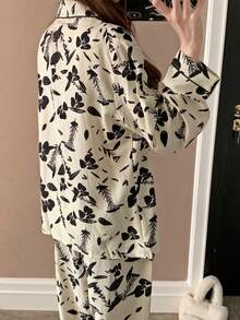 2pcs Black & White Contrast Floral Print Lapel Long Sleeve Sleepwear Set, Spring/Summer Open Front Button Casual Loungewear - Black and White - View 2