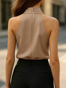 Women's Solid Color, Flowy Knotted Button Design, Fashionable Sleeveless Backless Camisole With Tie Detail, Suitable For Office Or Vacation Wear Summer - Khaki - View 2