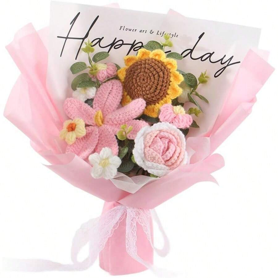 Dsuyakota Crochet Flowers Bouquet Suower Tulips : Handmade Knitted Bouquet For Mother's Day Birthday Home Decor Girlfriend Pink - 粉色 - 查看 1
