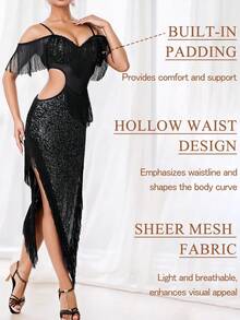 亮片流苏拉丁舞裙，闪亮网纱舞裙，闪亮派对礼服