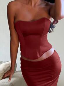 Yuwenier 性感哑光缎面胸衣上衣，钢骨支撑，露背系带，束身胸衣式，无肩带，适合生日派对、情人节、婚礼季等场合，浪漫女士之选 - 酒紅色 - 查看 3
