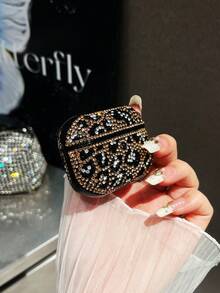 1pc Black Rhinestone Leopard Print Bluetooth Earphone Protective Case For AirPods