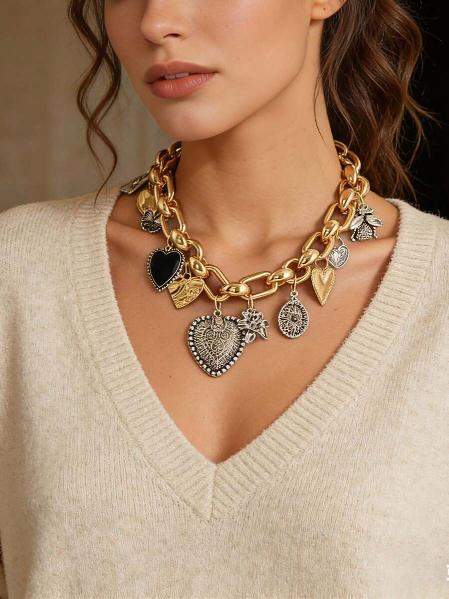 1件简约合金多款式吊坠项链，复古设计，女士饰品 - 金色 - 查看 1