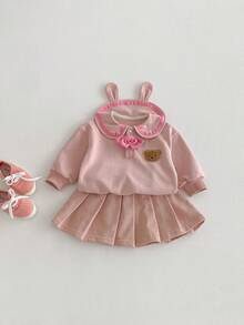 2件套女婴休闲运动时尚可爱小熊蝴蝶结装饰长袖卫衣+百褶裙套装，春秋季 - 粉色 - 查看 6