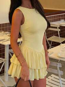 2026春夏女式提花纹理露背无袖连衣裙，适合约会和度假 - 黃色 - 查看 8