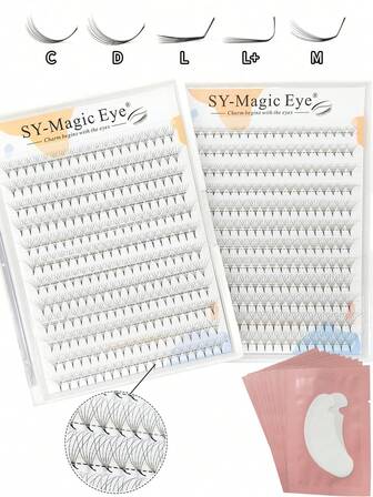 1 caja de 240 racimos, set de pestañas postizas, rizado C/D/L/M/L+, 6D, grosor 0.07mm, tallo estrecho y afilado, abanicos premontados, con 10 almohadillas para los ojos, racimos de pestañas DIY de aspecto natural y vaporoso, ultra suaves y súper ligeros para la vida diaria, fiestas y festivales de música