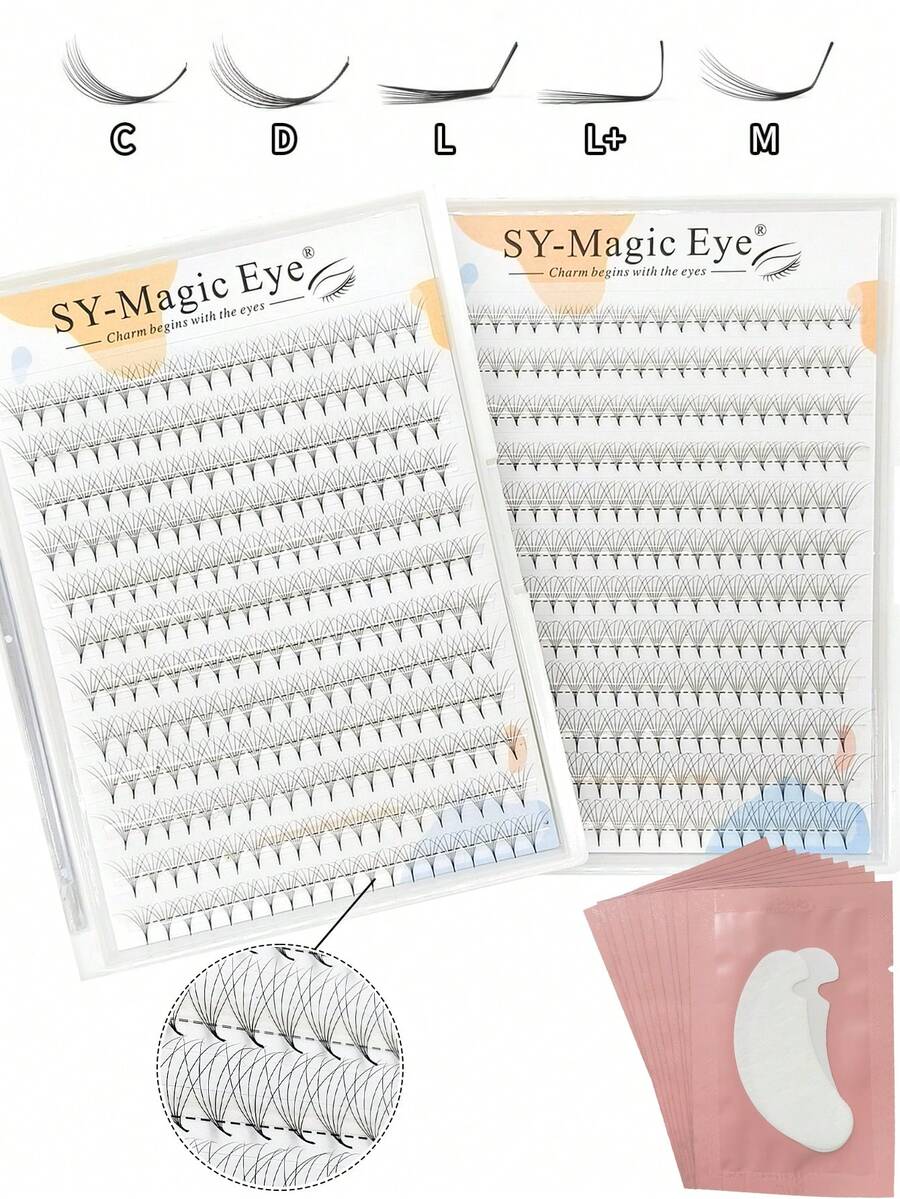 一盒240片假睫毛套装，卷度C/D/L/M/L+，6D，粗细0.07mm，尖细预制睫毛簇，附赠10片眼贴，可DIY打造自然轻盈、纤细柔软的睫毛，适合日常、派对、音乐节等场合。