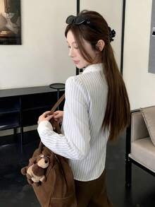 条纹前开襟纽扣家居服长袖衬衫