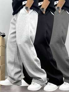 Men's Casual Sweatpants, Loose Straight-Leg Fit, Draping Effect, Suitable For Lounging And Outdoor Activities. Also Can Be Gifted As Couples' Present. Made Of 100% Polyester Fabric, With Drawstring Waistband For Adjustable Fit, Available In Multiple Colors. - Light Grey - View 11