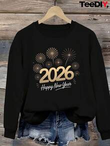 Women's Plus Size 2026 New Year Party Sweatshirt - Oversized Casual Pullover, Gold Glitter Number Design, Round Neck With Pockets, Warm Winter Sweater, Suitable For New Year Celebrations, Comfortable Party Outfit (With Gold Letters) - Geometric Pattern Winter Clothes For Women - 黑色 - 查看 1