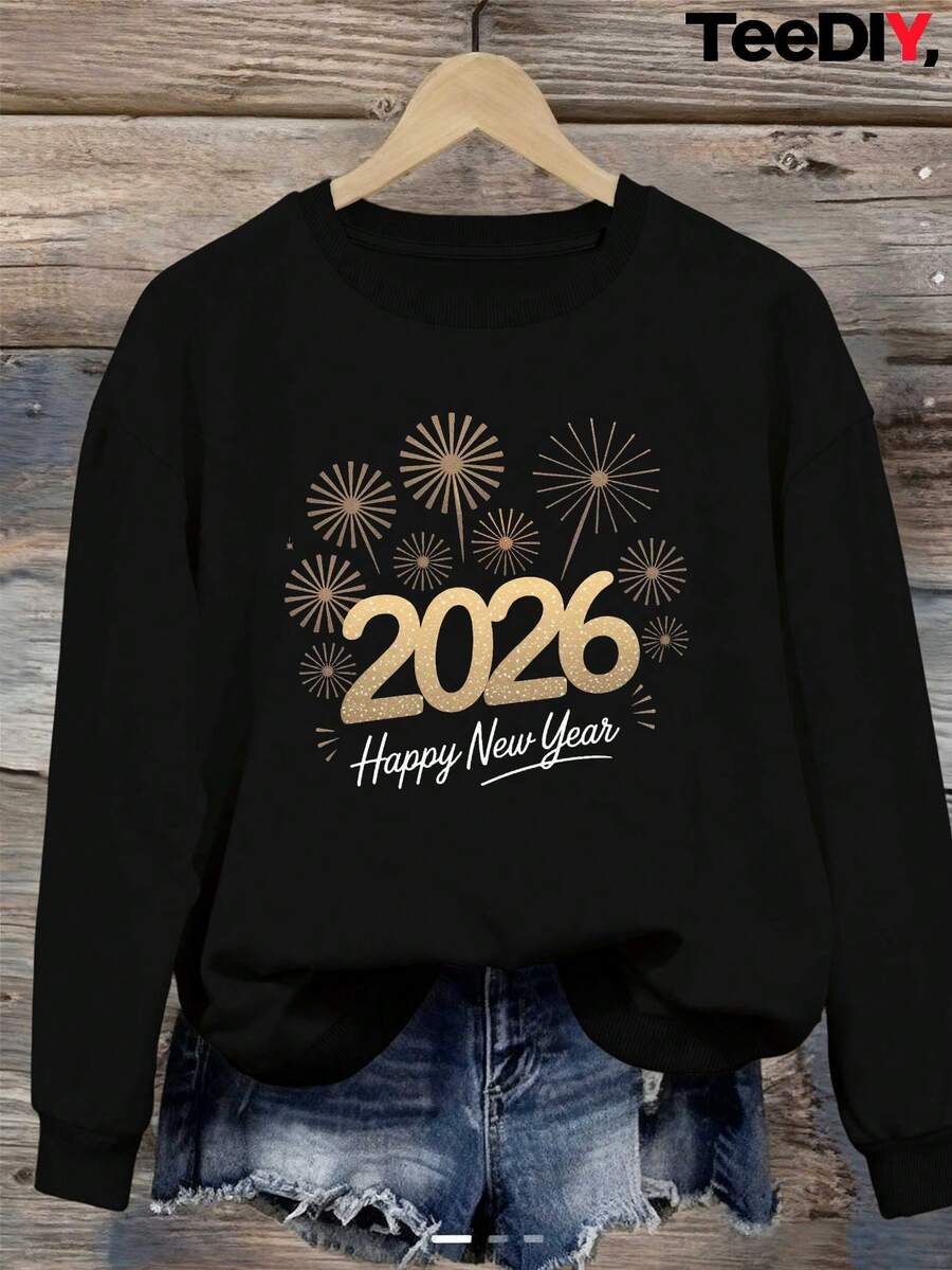 Women's Plus Size 2026 New Year Party Sweatshirt - Oversized Casual Pullover, Gold Glitter Number Design, Round Neck With Pockets, Warm Winter Sweater, Suitable For New Year Celebrations, Comfortable Party Outfit (With Gold Letters) - Geometric Pattern Winter Clothes For Women - 黑色 - 查看 1