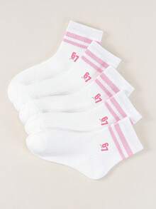 5 Pairs Of Children's Socks With White Striped Numbers 67 Printed Short Socks, Student Style Casual Breathable Short Tube Socks, Mid Tube Socks